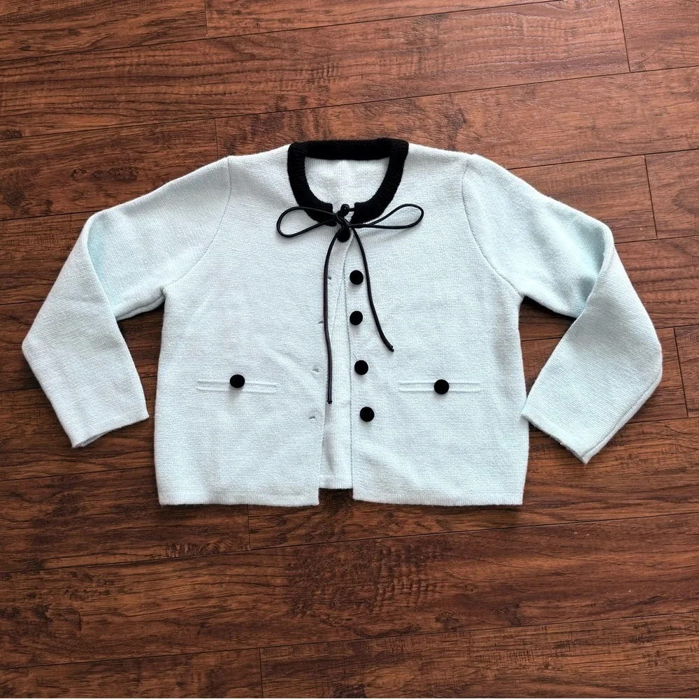 Vintage Knit Light Blue Secretary Style Cardigan with Bow Tie Front | Small